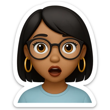 Add gold hoop earrings and stylish glasses to the surprised light brown skin girl with small lips, black layered hair, and doe eyes in emoji style. sticker