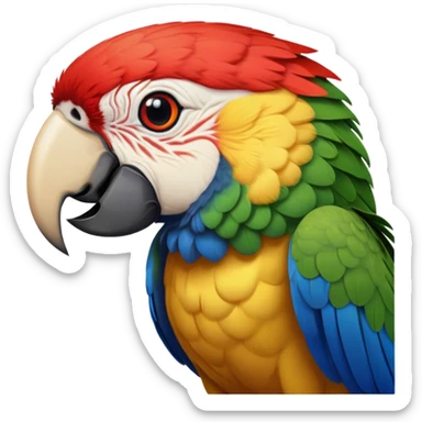 Cinematic Realistic Noble Macaw Portrait Emoji, Poised and majestic, with a robust, vibrant build and meticulously detailed plumage in scarlet, deep blue, and touches of gold, a strong, curved beak and piercing, intelligent eyes, rendered with lifelike feather texture and natural lighting, high shine, commanding and regal, styled with an air of tropical authority, focused and attentive, soft glowing outline, capturing the essence of a watchful and confident macaw that appears ready to soar out of the screen with effortless splendor! sticker