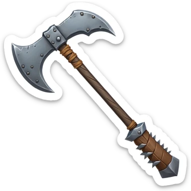 savage barbarian axe object icon, spiked double blade, battle-worn metal, scratches, heavy fantasy weapon, 3D cartoon, mobile game icon style, centered, clean background, no text, no watermark sticker