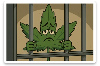 cannabis leaf peeking through prison bars, looking forlorn, simple illustration, somber mood sticker