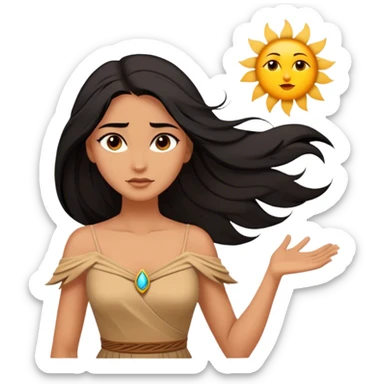 Cinematic Stunning Pocahontas Portrait Emoji, Windswept raven hair flowing behind her, deep brown eyes filled with wisdom and strength, glowing sun-kissed skin, wearing her elegant tan dress, the spirit of the wild in her expression, breathtakingly majestic! sticker