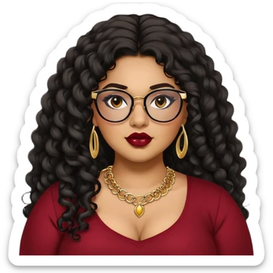 teen big plus size, latina, darker tan skin, gold jewelry, long black curly hair, baddie,pretty, makeup, dark red lipgloss, black eyeliner, long hair, black top, black glasses sticker