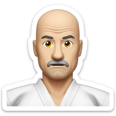 Bald 50 year old taekwondo Master with european traces looking angrily in the camera, without beard and a Black belz sticker