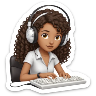 Brown skin Spanish girl with long dark curly hair, wearing a white gaming headset and playing on keyboard with a gaming mouse i sticker