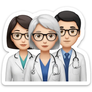 Create four doctors grouped together. Place a female doctor with dark brown short bob hair prominently in the front. Behind her, include:

a doctor with white hair wearing glasses,

a young male doctor with black hair and no glasses,

and a female doctor with black short bob hair wearing glasses. sticker