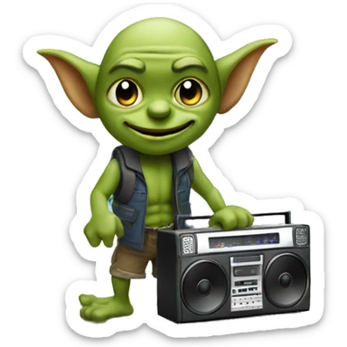 Goblin carrying a boombox near a waterfall  sticker