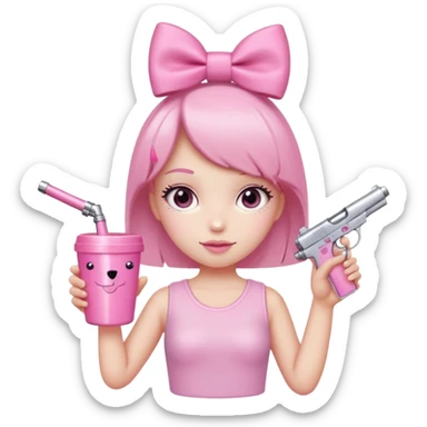 Minimalist figure with a cute pink aesthetic. It has a sparkly pink bow on its head, a pink gun keychain hanging nearby, and is holding a large pink tumbler cup. The background is simple white with a soft shadow for a clean look. sticker
