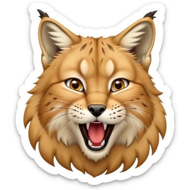Cinematic-Cute-Yawning-Lynx-Portrait-Emoji – Head tilted slightly with a dramatic, wide-open yawn, revealing a dense golden-brown fur coat with subtle spots, signature black ear tufts standing tall, round amber eyes barely open in drowsy contentment. sticker