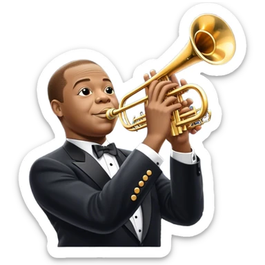 Icon for Jazz Music: Louis Armstrong with his trumpet in front of a jazz orchestra. Include musical instruments like a saxophone, trumpet, and piano, with floating musical notes around. The design should capture the smooth and soulful vibe of jazz. Transparent background. sticker