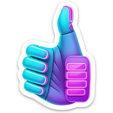 futuristic glowing thumbs up, neon purple and cyan light, dark background, digital tech style sticker