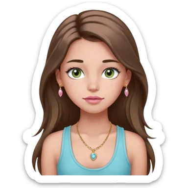 Create a teen girl wearing a light blue tank top. She will have long brunette hair, tan skin, pink lips, and grey-green eyes. She has long eyelashes. She also has light freckles and is wearing tiny gold jewelry sticker