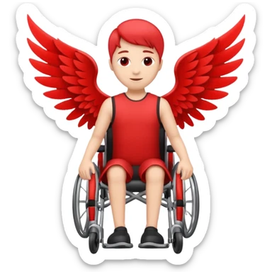 "A simple, red icon of a person in a wheelchair with stylized wings on their back, modern logo design, emoji style, white background" sticker