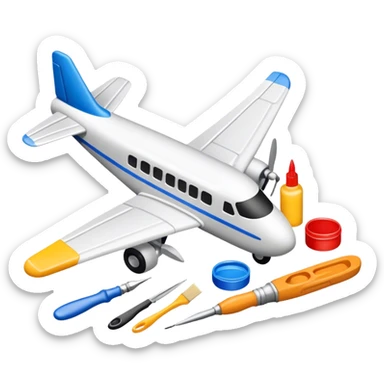 photorealistic icon featuring model-building tools like glue, paint, paintbrushes, pieces of a plastic model airplane in the process of being assembled. The design includes detailed textures of the model pieces and tools, capturing the focus and creativity of model building. Transparent background. sticker