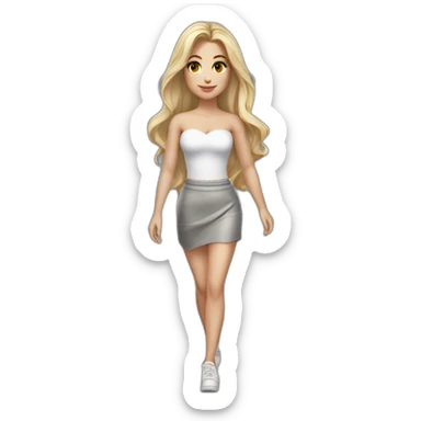 hyperrealistic caucasian long blonde hair brown perfect eyes woman white v-neck strapless top gray tight mini skirt walking towards camera sticker