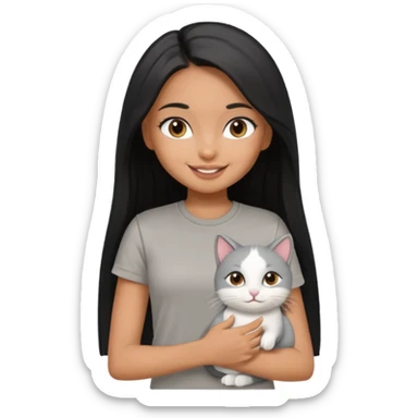 a pretty tan bratz girl with black long straight hair, wearing a grey tshirt smiling and holding a white cat\ sticker