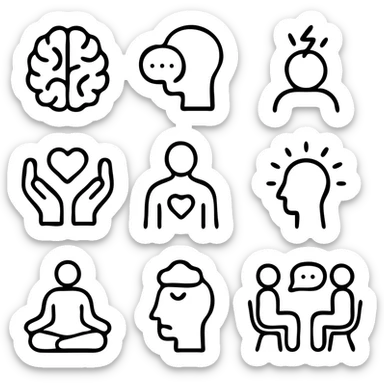 Mental Health icon set. Wellness and psychology related line icons: brain, therapy, stress, support, self-care, mindfulness, meditation, depression, counseling and emotion . Editable stroke.
 sticker