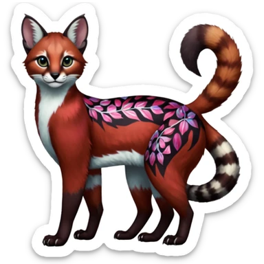 Colorful dark tropical dark-red, black, white iridescent glorious divine exotic cute cool beautiful shiny beautiful floral fantasy-caracal-civet-genet-sergal-vernid-Cacomistle-oncilla-animal-Fakémon-hybrid-fursona with pattern markings (full body) sticker