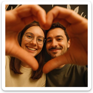 Two people taking a selfie from a low angle, faces framed by hands forming a heart shape. One wears round glasses, the other has a small beard and a knowing smile. Soft lighting, warm ambiance, white graphic decor on a dark background in the background. sticker