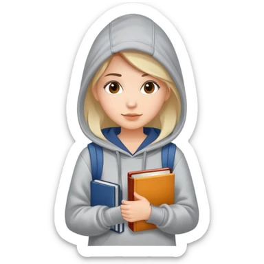 A woman college student with a tote bag over her shoulder and a book in one hand. The student wears a hoodie. sticker