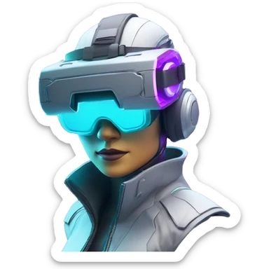 Secret human agent in a futuristic hat with in Apple VR goggles headset code display on the goggles , cyberpunk, cyan and purple colors, only upper body portrait, front facing the camera  sticker