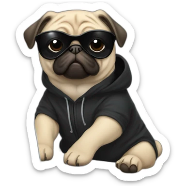 Pug wearing a black hoodie and sunglasses and using a laptop sticker