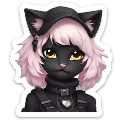 Gorgeous furry dark techwear anime style anthro black cat fursona with blushing face aesthetic and pretty edgy black with collar and harness trending style sticker