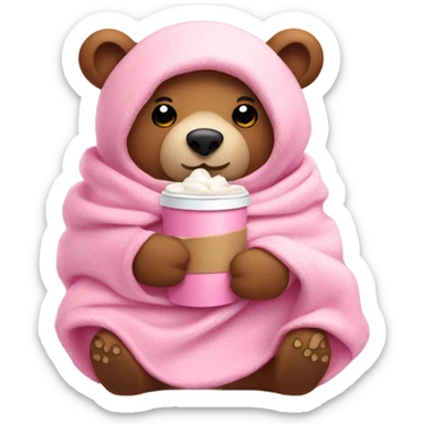 Bear wrapped in pink blanket drinking hot cocoa sticker