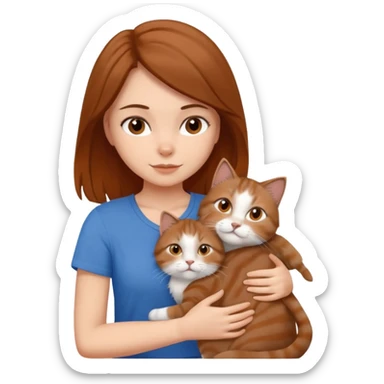 a white girl with brown and hair and a blue top hugging a siberian cat color brown, orange, gray, mixed colors sticker