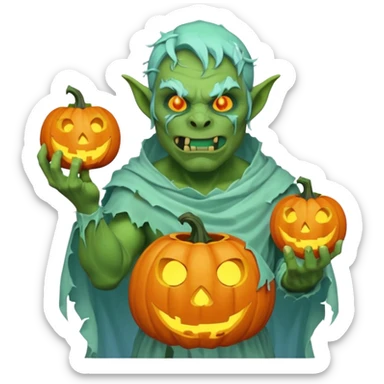 male orc ghost emoji, green skin, tusks, wearing torn white ghost sheet costume, holding glowing jack-o'-lantern, faint blue aura, friendly but spooky expression, Halloween fantasy theme, Apple emoji style, clean white background, square sticker