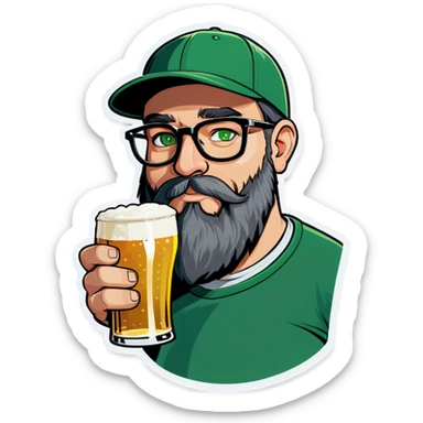 A bold man with a grey baseball cap, green eyes, big beard and glasses, drinking beer sticker