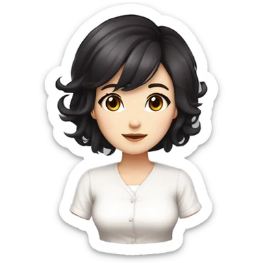 masterpiece, anime style, chibi, illustrated logo, medium short shot, emote for twitch of a 45 year old woman, oval face, black hair, brown eyes, white skin, white shirt, long hair
 sticker