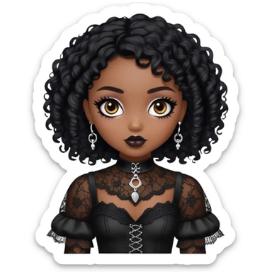 pretty bratz girl, black fat pluz size body, black skin, black curly short black people hair, brown eyes, black eyeliner, black skin, gothic lace clothes sticker