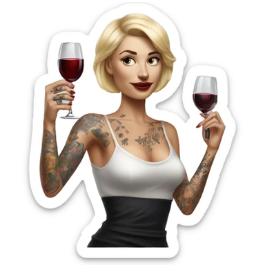 Blonde elegant women, her body covered with tattoos, wine in her one hand, pointing forward with her other hand , Hyper realistic sticker