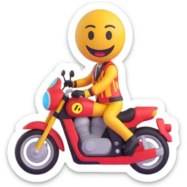 3D smiley emoji, round shape, motorcyclist in lightning patterned suit: lightning patterned motorcycle suit, funny face sticker