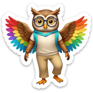 friendly anthropomorphised owl with wings instead of arms, colourful pants and shirt, wearing glasses, walking upright, unique pose 1 sticker