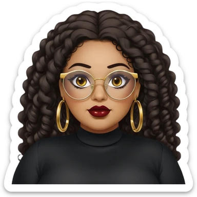 big plus size, latina, darker tan skin, gold hoops, long black curly hair, baddie,pretty, makeup, dark red lipgloss, black eyeliner, long hair, black shirt, black glasses sticker