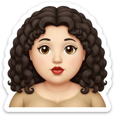 Chubby,long black curly hair, almond eyes dark brown, heart shaped lips, and flat nose sticker