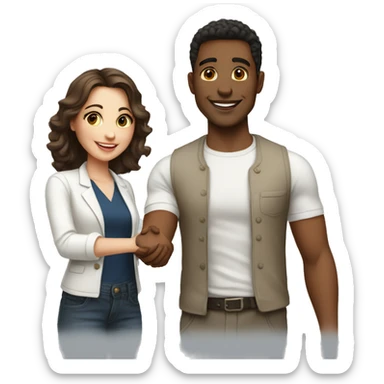 an adult restaurant owner and a young blogger shaking hands, both with fair skin, in great detail sticker