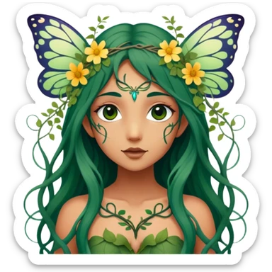 Cinematic Realistic Forest Nymph Fairy Portrait, depicted with lifelike, sun-kissed tanned skin that radiates an earthy glow, softly illuminated by natural, dappled light. Her long, flowing dark green hair is intricately detailed and interwoven with delicate vines and wildflowers, while her deep, soulful eyes mirror the wisdom of the forest. Dressed in an attire inspired by nature’s palette—with subtle botanical motifs—the portrait exudes a soft, enchanted glow that melds realism with woodland magic showing her large butterfly wings from her back. sticker