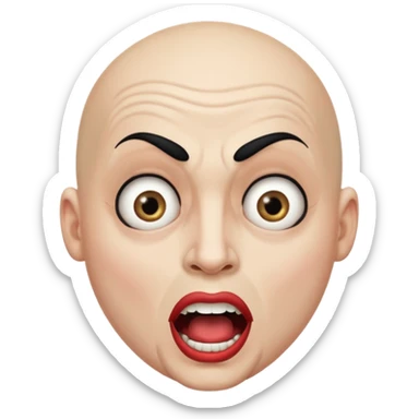 a bald cabaret actor with a white, dry, long, made-up face and heavily made-up eyes and mouth, a huge, wide-open mouth and a startled look sticker