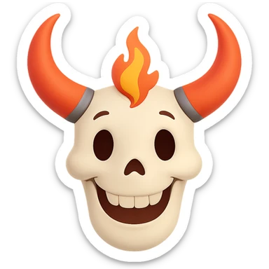 Make the white bull skull with bright red-orange flaming horns look less scary, give it a friendly and approachable expression, keep the style consistent. Remove the background. sticker