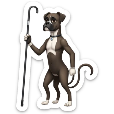 Elderly black boxer dog standing on hind legs using a cane to walk sticker