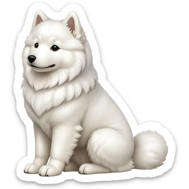 cinematic-[samoyed]-realistic-full-body-sitting-emoji,-tail-resting-loosely-beside-its-paws,white eyes-head-tilted-dramatically, -fluffy-[white]-fur,-simplified-yet-realistic-focused-features,-highly-detailed,-glowing-with-an-almost-sarcastic-glow sticker