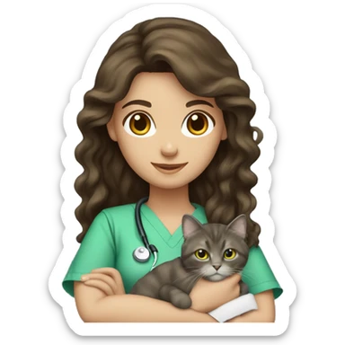 Pretty Brunette long wavy hair veterinary nurse. green scrubs holding a cat sticker