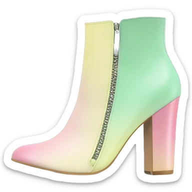Realistic isolated top front view of a pair of pastel green,pastel yellow,and pastel pink ombre leather cut out high heel ankle bootie boots.  sticker