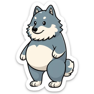 Gray wolf with an oversized pregnant belly, standing profile view, fluffy fur sticker