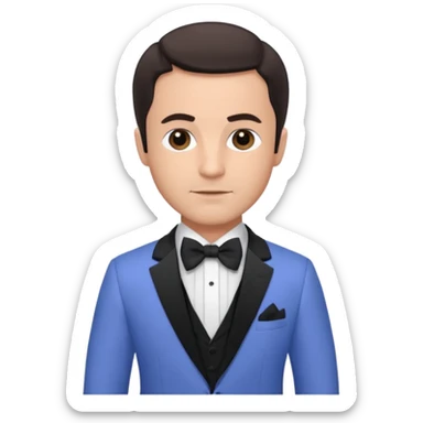 Freddie Prinze Jr with dark brown hair, periwinkle suit with bow tie sticker