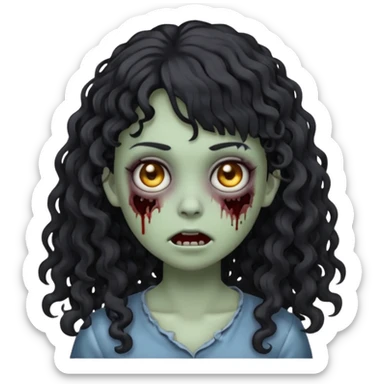 Emoji garota zombie sem ferimentos no rosto com cabelo preto cacheado longo com franja cacheada sem volume sticker
