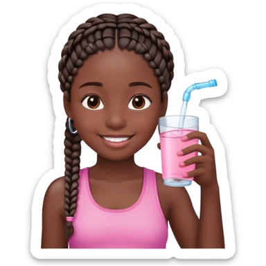 Black girl dark skin with braids drinking water. She is on pink and is smiling sticker
