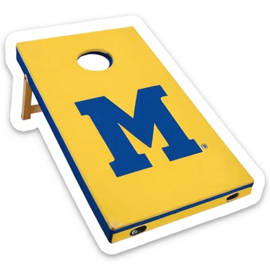 Cornhole board blue and yellow with Michigan “M” With a yellow cornhole bag sticker